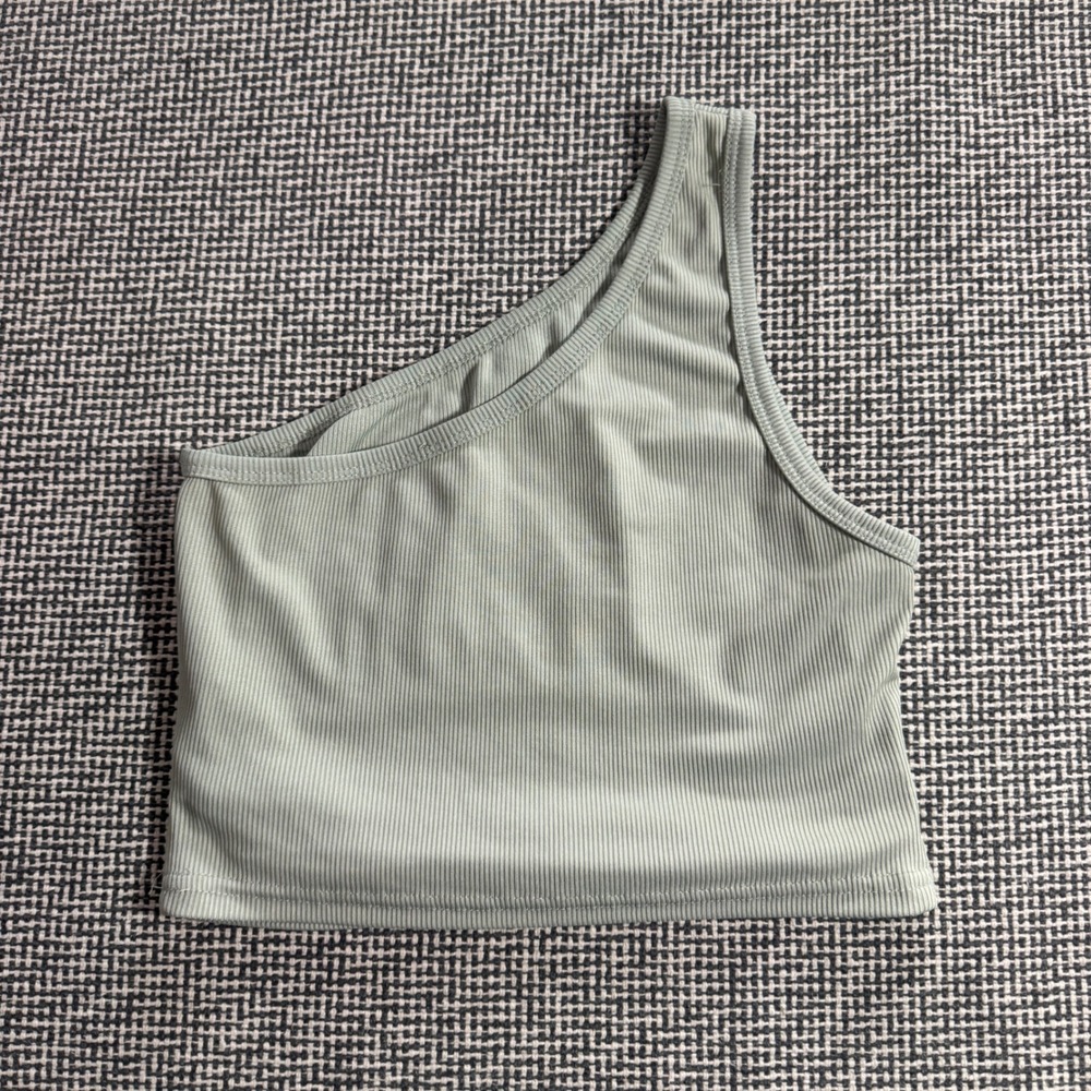 Womens Sage Green Ribbed One Shoulder Crop Top Back Cutout Asymmetrical Tank XS